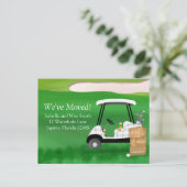 We hebben een golfkar verplaatst met verhuisdozen aankondigingskaart (Staand voorkant)