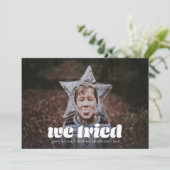 We hebben een grappige foto van kerst gemaakt feestdagenkaart (Staand voorkant)