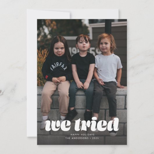 We hebben een grappige kerstfoto gemaakt feestdagenkaart (Voorkant)