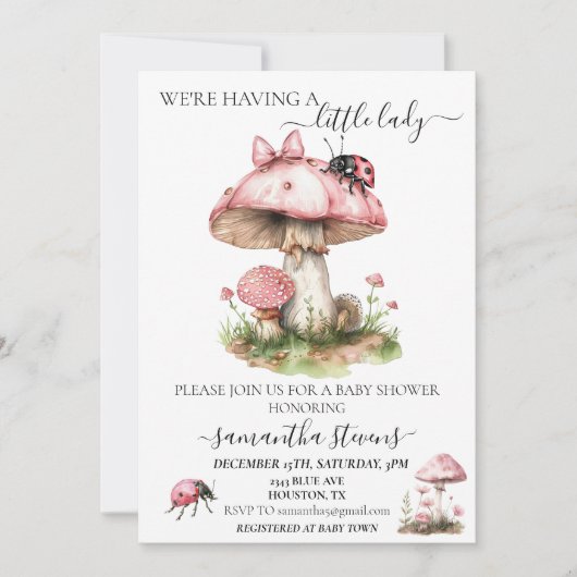 We hebben een kleine Lady Ladybug Pink Mushroom Kaart (Voorkant)