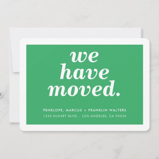 WE HEBBEN EEN modern, minimaal nieuw adres, groen Aankondiging (Voorkant)