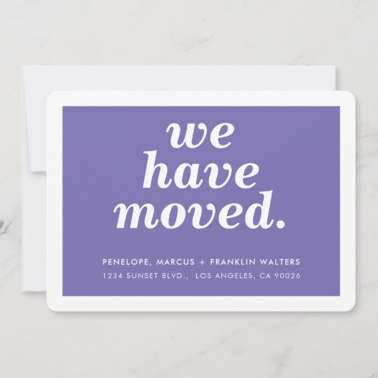 WE HEBBEN EEN modern, minimaal nieuw adres paars V Aankondiging (Voorkant)