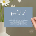 We hebben een moderne bruiloft Elopement receptie  Kaart<br><div class="desc">Markeer het begin van uw eeuwigheid met elegantie met behulp van onze hedendaagse stijlvolle blauwe thema bruiloft elopement receptie diner feest viering uitnodiging kaart, "We deden". Perfect voor koppels die hun vreugdevolle gelegenheid uitbreiden, deze uitnodiging straalt sophisticatie uit met een vleugje speelsheid, en vormt het podium voor een gedenkwaardige gebeurtenis....</div>
