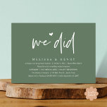 We hebben een moderne bruiloft Elopement receptie  Kaart<br><div class="desc">Markeer het begin van uw eeuwigheid met elegantie met behulp van onze hedendaagse rustieke bos salie groen thema bruiloft elopement receptie diner feest viering uitnodiging kaart, "We deden". Perfect voor koppels die hun vreugdevolle gelegenheid uitbreiden, deze uitnodiging straalt sophisticatie uit met een vleugje speelsheid, en vormt het podium voor een...</div>