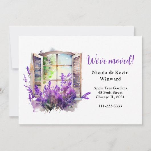 We hebben een Paarse bloemenlavendelraam verplaats Aankondiging (Voorkant)