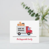 We hebben een rode vrachtwagen verplaatst, modern, aankondigingskaart (Staand voorkant)