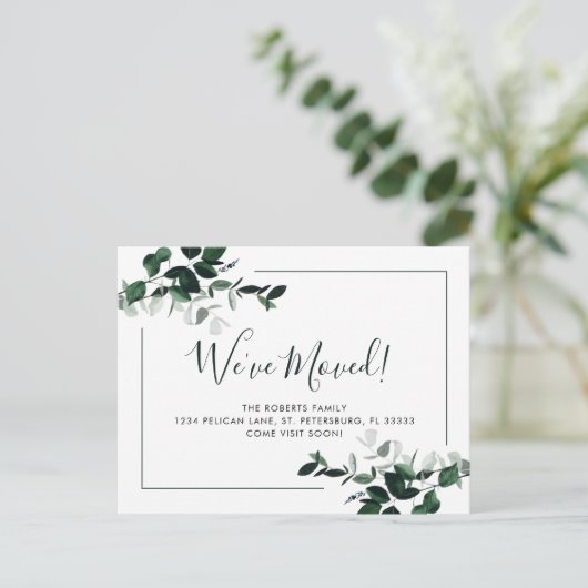 We hebben Emerald Green Eucalyptus New Address Ann Aankondigingskaart (Staand voorkant)