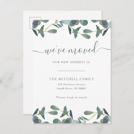 We hebben Eucalyptus Crest verplaatst | Bewegende  Uitnodiging Briefkaart (Voorkant / Achterkant)