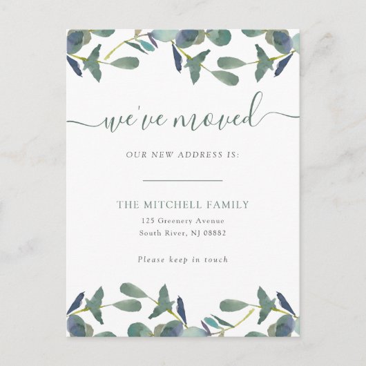 We hebben Eucalyptus Crest verplaatst | Bewegende Uitnodiging Briefkaart (Voorkant)