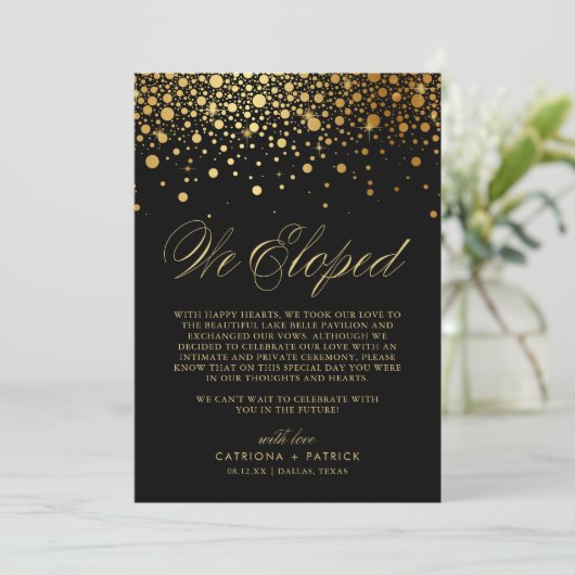 We hebben Faux Gold Foil Confetti Black Weddenscha Aankondiging (Staand voorkant)
