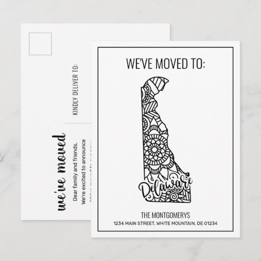 We hebben Floral Mandala Deleware State verplaatst Aankondigingskaart (Voorkant / Achterkant)