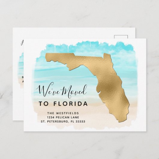 We hebben Florida Map Beach Scene New Address verp Aankondigingskaart (Voorkant / Achterkant)