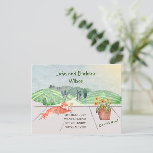 We hebben Fun Family Cat Celebrates Move Aankondiging (Staand voorkant)