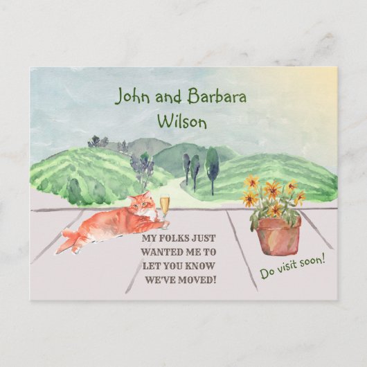 We hebben Fun Family Cat Celebrates Move Aankondigingskaart (Voorkant)