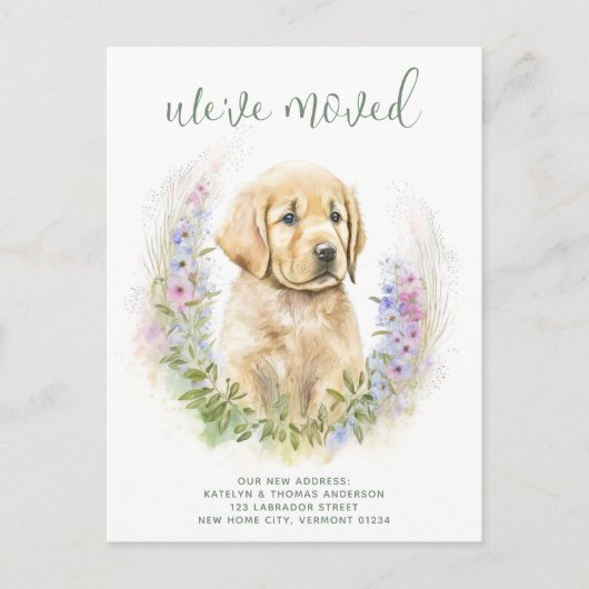 We hebben Golden Retriever Puppy Dog Moving verpla Aankondigingskaart (Voorkant)