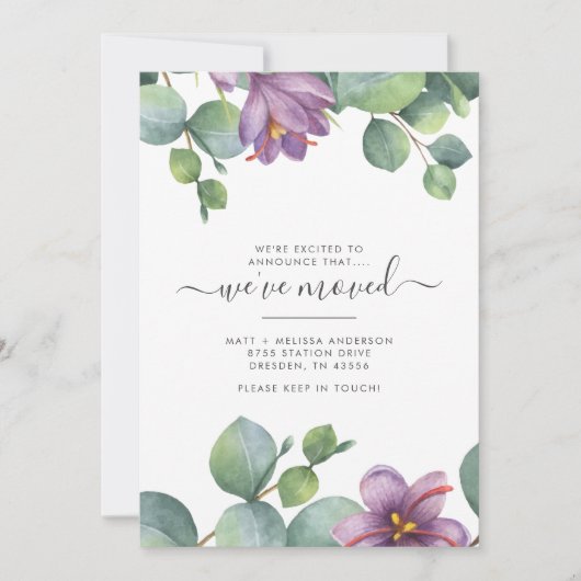 We hebben Greenery Eucalyptus Floral Moving Aankondiging (Voorkant)