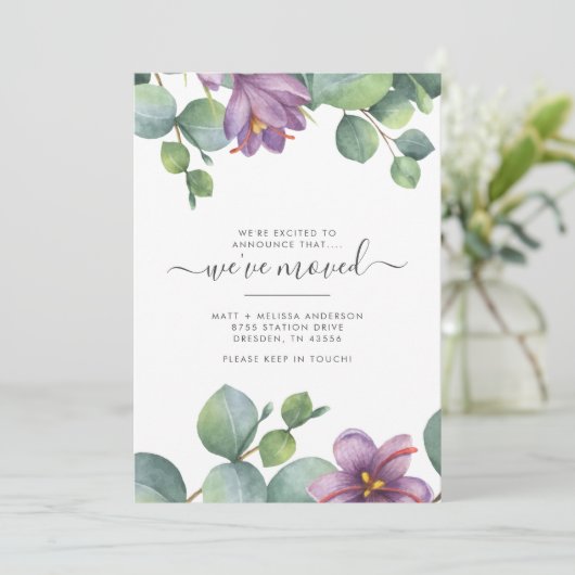 We hebben Greenery Eucalyptus Floral Moving Aankondiging (Staand voorkant)