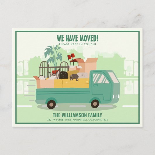 We hebben groene vrachtwagen op de weg verplaatst  aankondigingskaart (Voorkant)