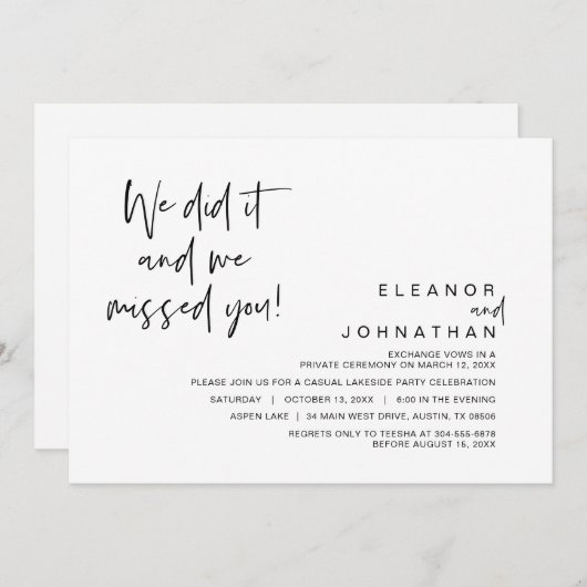 We hebben het gedaan, we misten je, Bruiloft Elope Kaart (Voorkant / Achterkant)