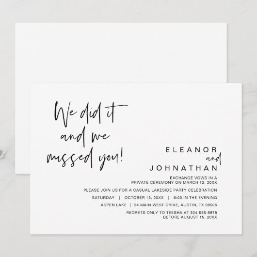 We hebben het gedaan, we misten je, Bruiloft Vluch Kaart (Voorkant / Achterkant)