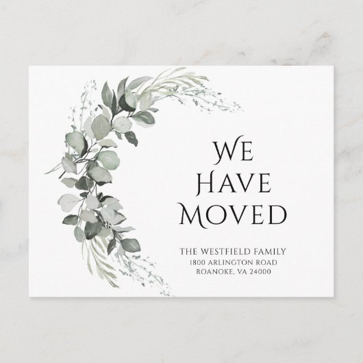 We hebben het groene Eucalyptus nieuwe adres verpl Aankondigingskaart (Voorkant)