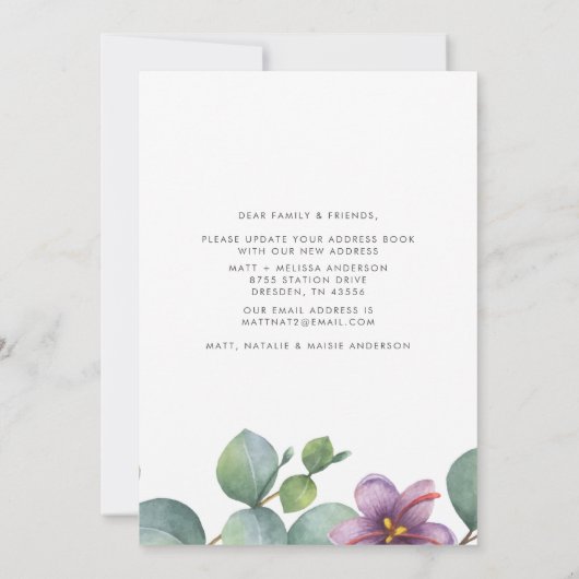 We hebben het nieuwe adres Eucalyptus Greenery Mov Aankondiging (Achterkant)