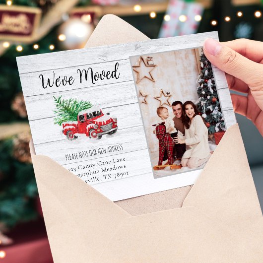 We hebben Kerstmis verhuisd vrachtwagen foto vakan Aankondigingskaart