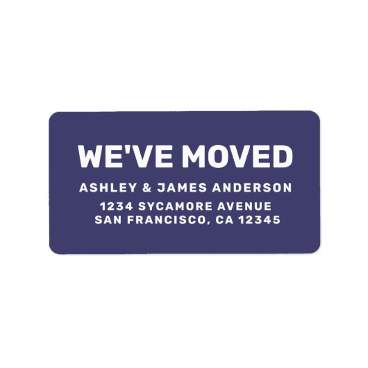 We hebben Navy Blue New Address verplaatst Etiket (Voorkant)