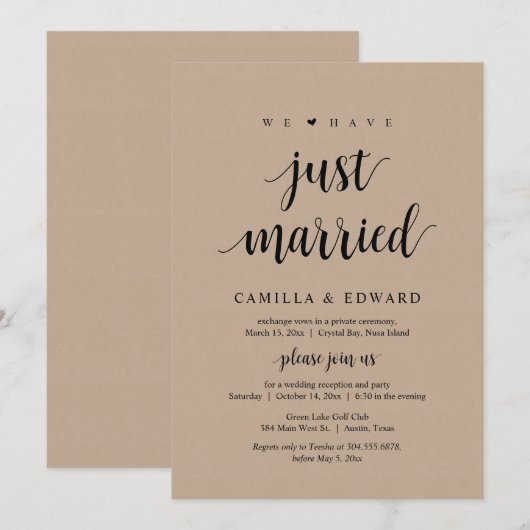 We hebben net gehuwd, bruiloft Elopement Party Inv Kaart (Voorkant / Achterkant)