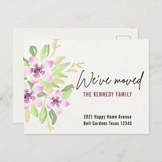 We hebben New Home Pink Waterverf Floral Moving Aankondigingskaart (Voorkant / Achterkant)