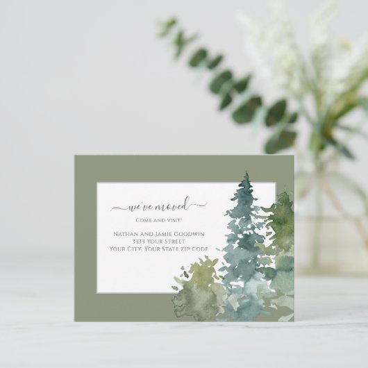 We hebben New Home Script Pine Tree Groen verplaat Briefkaart (Staand voorkant)