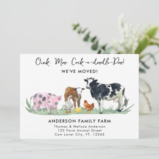 We hebben nieuw adres verplaatst Schattigee boerde Aankondiging (Staand voorkant)