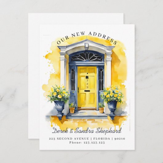 We hebben nieuwe adres gele Waterverf deur verplaa Aankondigingskaart (Voorkant / Achterkant)