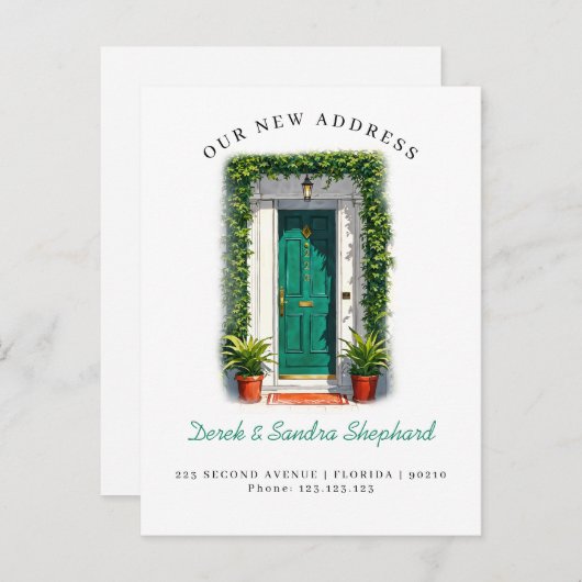 We hebben nieuwe adres groene Waterverf deur verpl Aankondigingskaart (Voorkant / Achterkant)