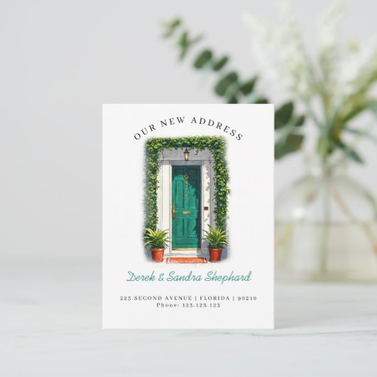 We hebben nieuwe adres groene Waterverf deur verpl Aankondigingskaart (Staand voorkant)