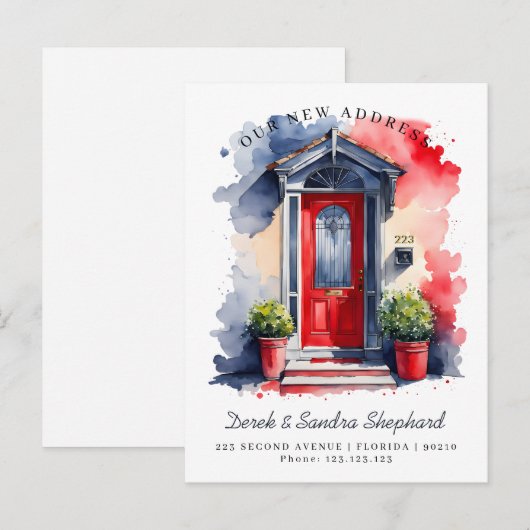 We hebben nieuwe adres rode marine Waterverf deur  Aankondigingskaart (Voorkant / Achterkant)