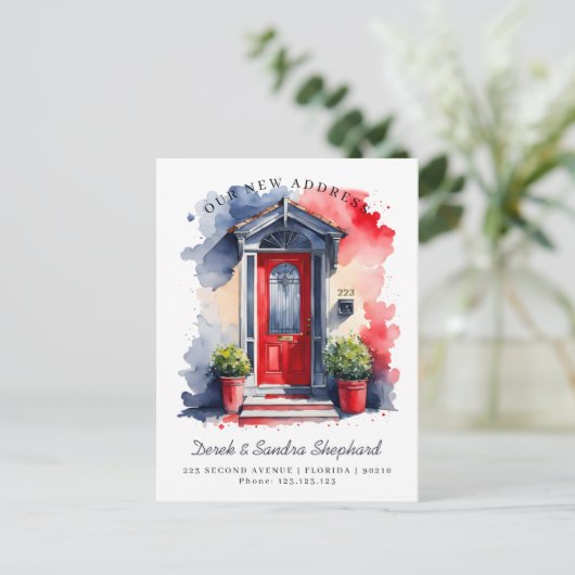 We hebben nieuwe adres rode marine Waterverf deur  Aankondigingskaart (Staand voorkant)