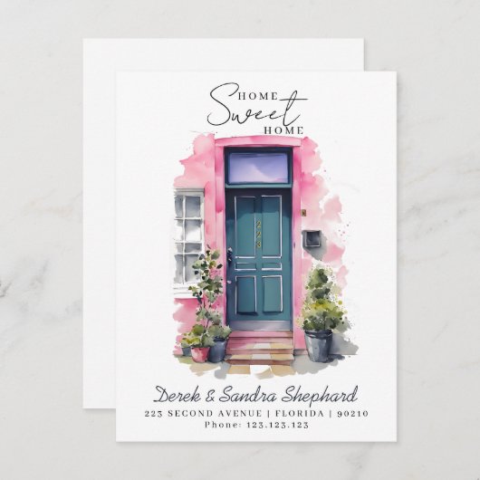 We hebben nieuwe adres roze Waterverf deur verplaa Aankondigingskaart (Voorkant / Achterkant)