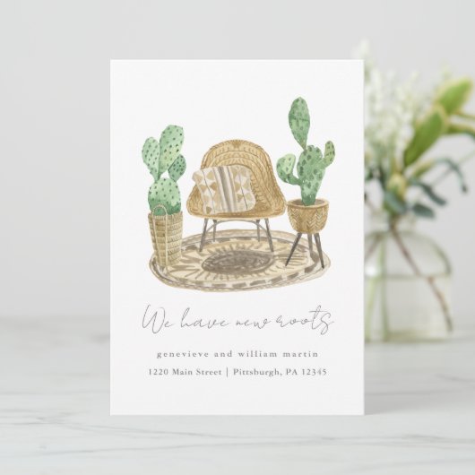 We hebben nieuwe Roots Planten Nieuwe Home Bewegen Aankondiging (Staand voorkant)