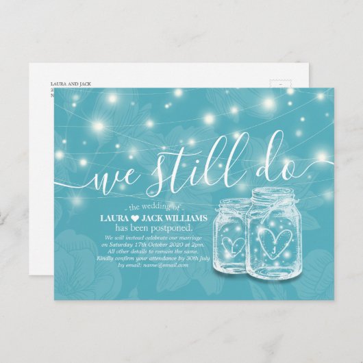 We hebben nog steeds een bruiloft met uitstel Maso Aankondigingskaart (Voorkant / Achterkant)