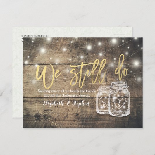 We hebben nog steeds een huwelijk met uitgestelde  aankondigingskaart (Voorkant / Achterkant)