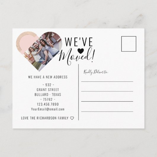 We hebben ons nieuwe adres foto-hoofdbeweging verp aankondigingskaart (Achterkant)