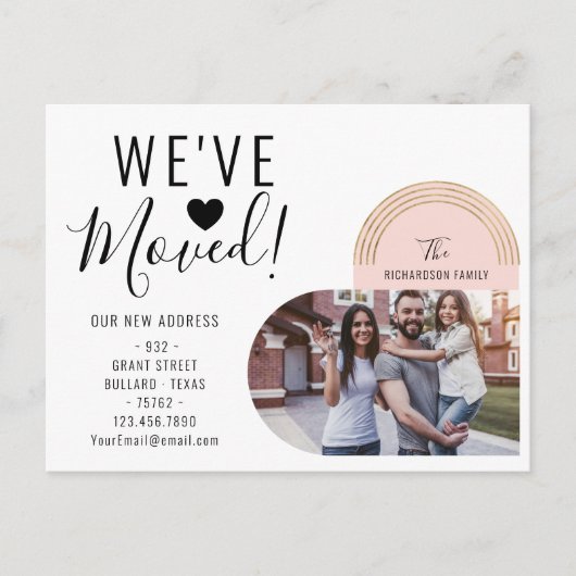 We hebben ons nieuwe adres foto-hoofdbeweging verp aankondigingskaart (Voorkant)