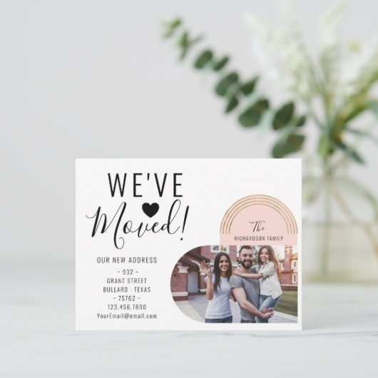 We hebben ons nieuwe adres foto-hoofdbeweging verp aankondigingskaart (Staand voorkant)