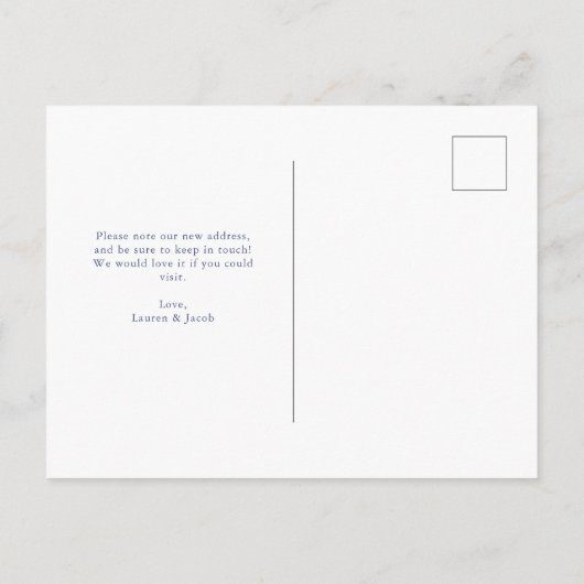 We hebben ons verplaatst | Aankondiging van blauwe Briefkaart (Achterkant)