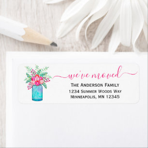 We hebben ons verplaatst   Adres Mason Jar Floral  Etiket