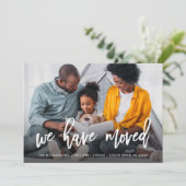 We hebben ons verplaatst | Foto en blauwe chemical Aankondiging (Staand voorkant)