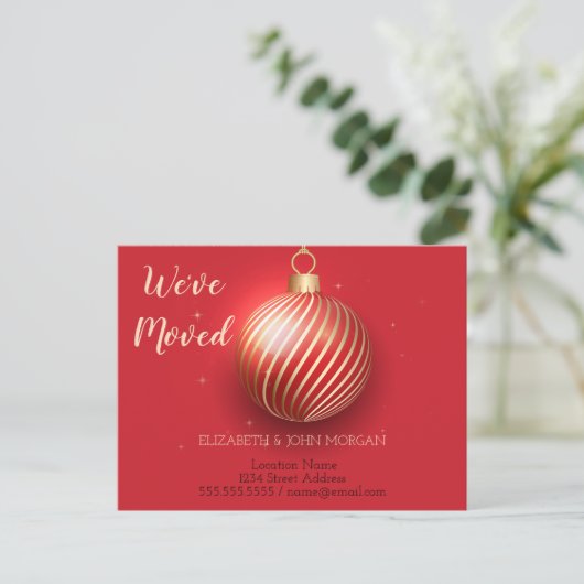 We hebben ons verplaatst, kerstbal, nieuw adres aankondigingskaart (Staand voorkant)