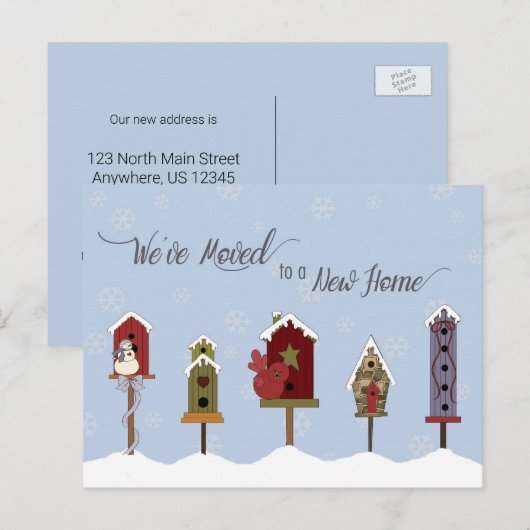 We hebben ons verplaatst, New Address Winter Birdh Aankondigingskaart (Voorkant / Achterkant)