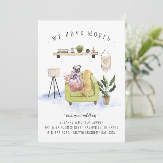 We hebben ons verplaatst | Pug Dog Moving Announge Aankondiging (Staand voorkant)